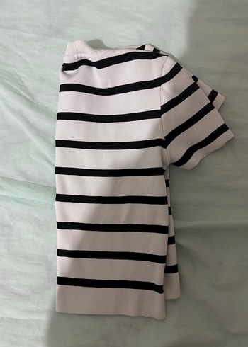 Çizgili Kısa Kollu Pamuklu Kadın Tişört Crop - Görsel 2