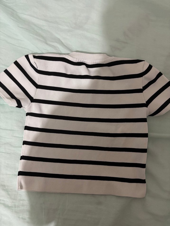 Çizgili Kısa Kollu Pamuklu Kadın Tişört Crop - Görsel 3