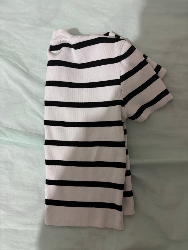 Çizgili Kısa Kollu Pamuklu Kadın Tişört Crop - Görsel 2