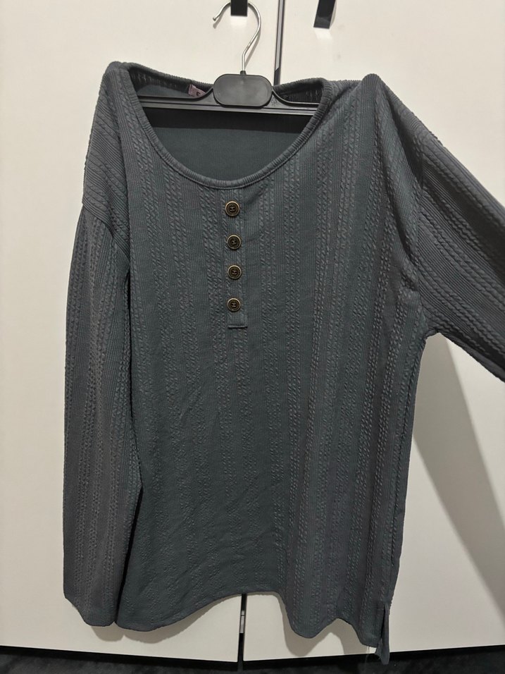 Düğmeli Gri Hamile Keten Uzun Kollu Kazak - Görsel 2