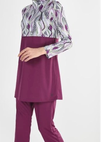 Mor Bağlama Desenli Uzun Kollu tesettür mayo 3lü - Görsel 7