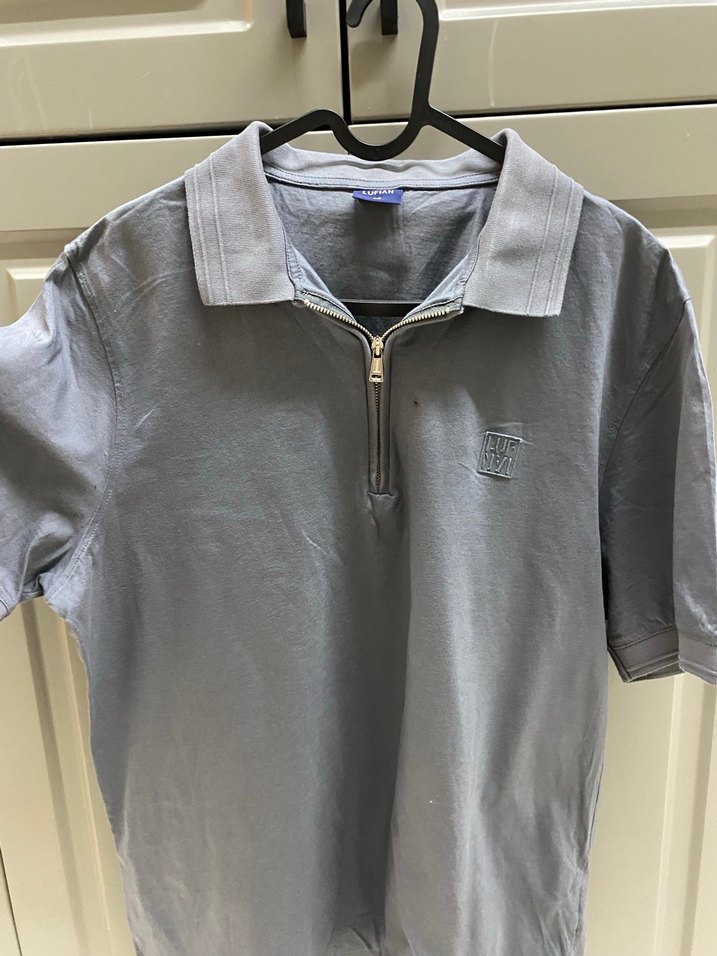 Gri Denim Polo Tişört, Fermuarlı, Bol Kesim - Görsel 4