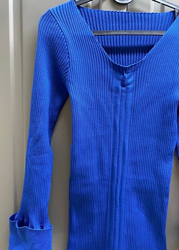 Mavi V Yaka İnce Triko Kadın Elbise - Görsel 2