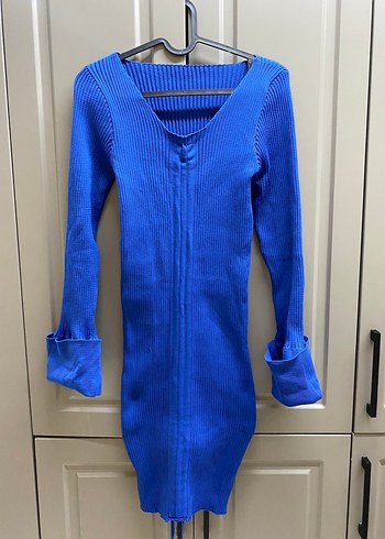 Mavi V Yaka İnce Triko Kadın Elbise - Görsel 4