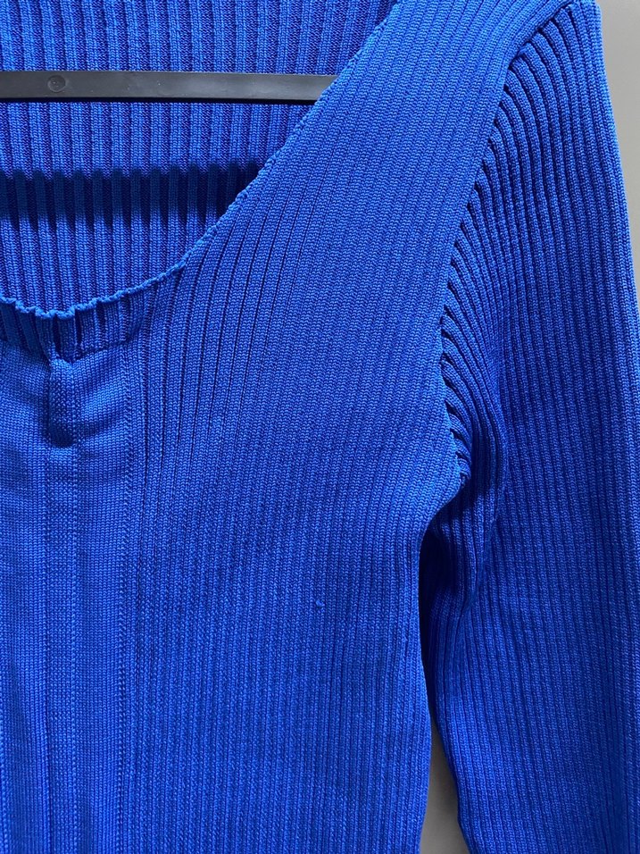 Mavi V Yaka İnce Triko Kadın Elbise - Görsel 3