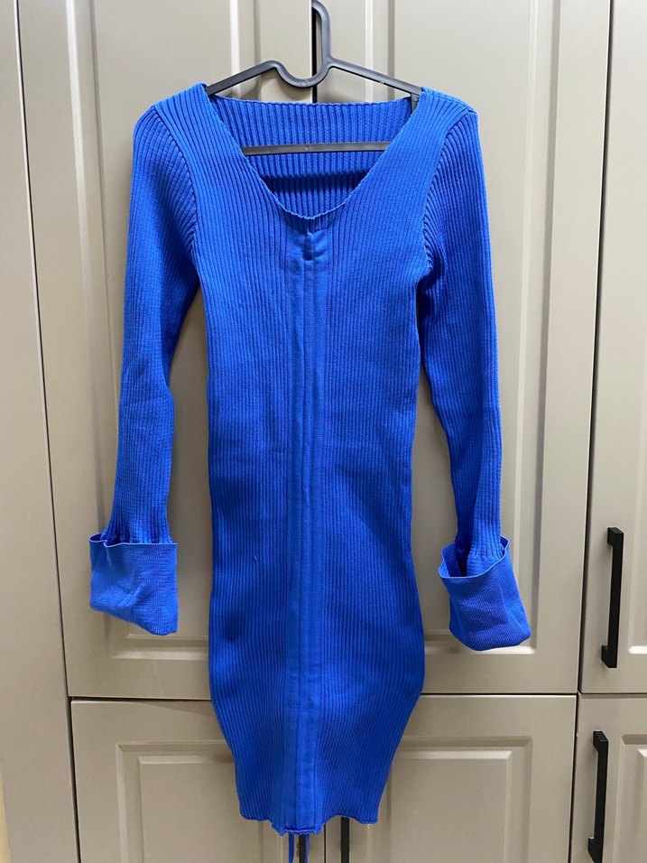 Mavi V Yaka İnce Triko Kadın Elbise - Görsel 4