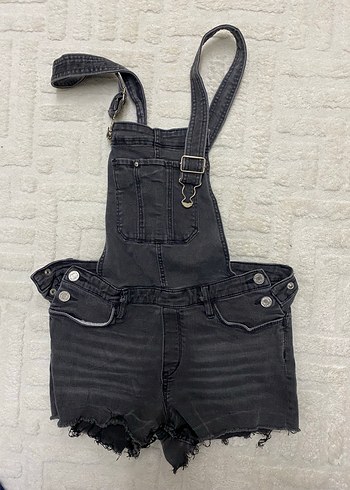 Gri Denim Askılı Kemerli Kısa Tulum - Görsel 2