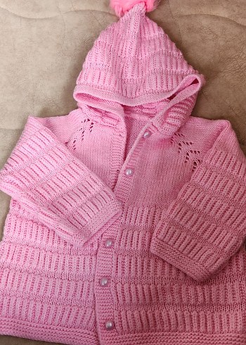 Kız Çocuk Pembe Kapüşonlu Örgü Hırka - Görsel 2