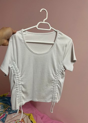 Beyaz  Pamuklu Kısa Kollu Kadın crop - Görsel 3