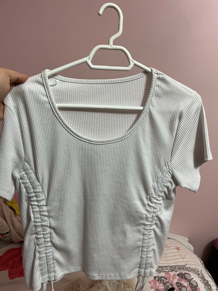 Beyaz  Pamuklu Kısa Kollu Kadın crop - Görsel 2