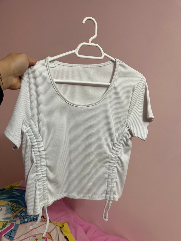 Beyaz  Pamuklu Kısa Kollu Kadın crop - Görsel 3