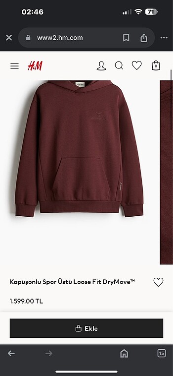 m Beden bordo Renk Orijinal H&M Erkek Sweatshirt