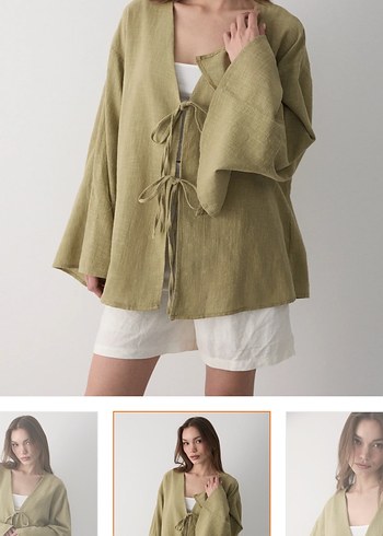 Kadın haki çift bağlama keten kimono - Görsel 6