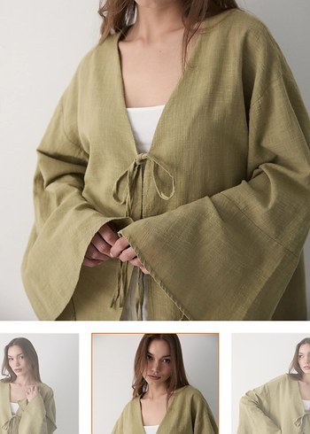 Kadın haki çift bağlama keten kimono - Görsel 5