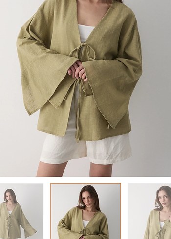 Kadın haki çift bağlama keten kimono - Görsel 3