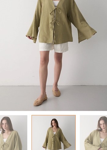 Kadın haki çift bağlama keten kimono - Görsel 2