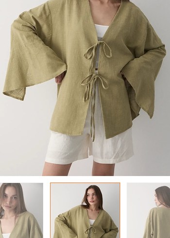 Kadın haki çift bağlama keten kimono - Görsel 4