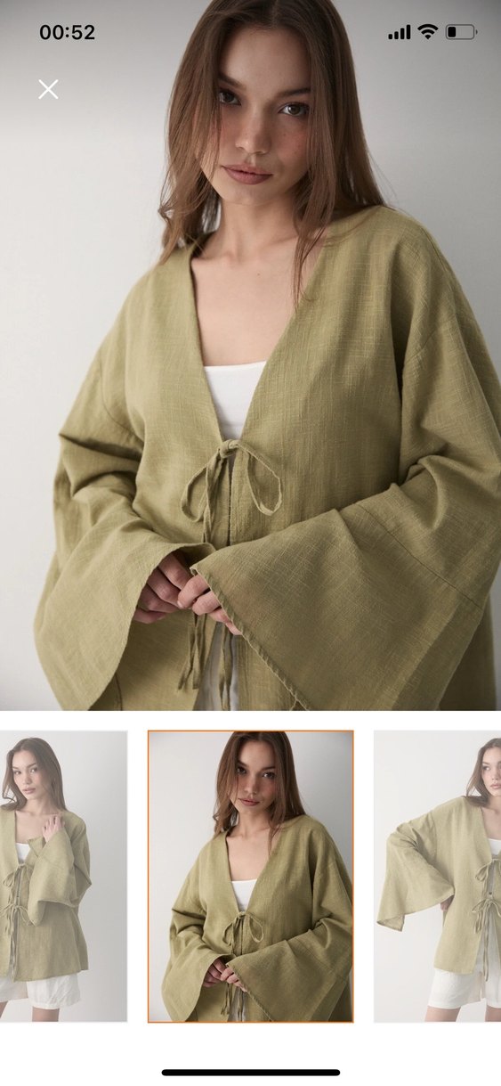 Kadın haki çift bağlama keten kimono - Görsel 5