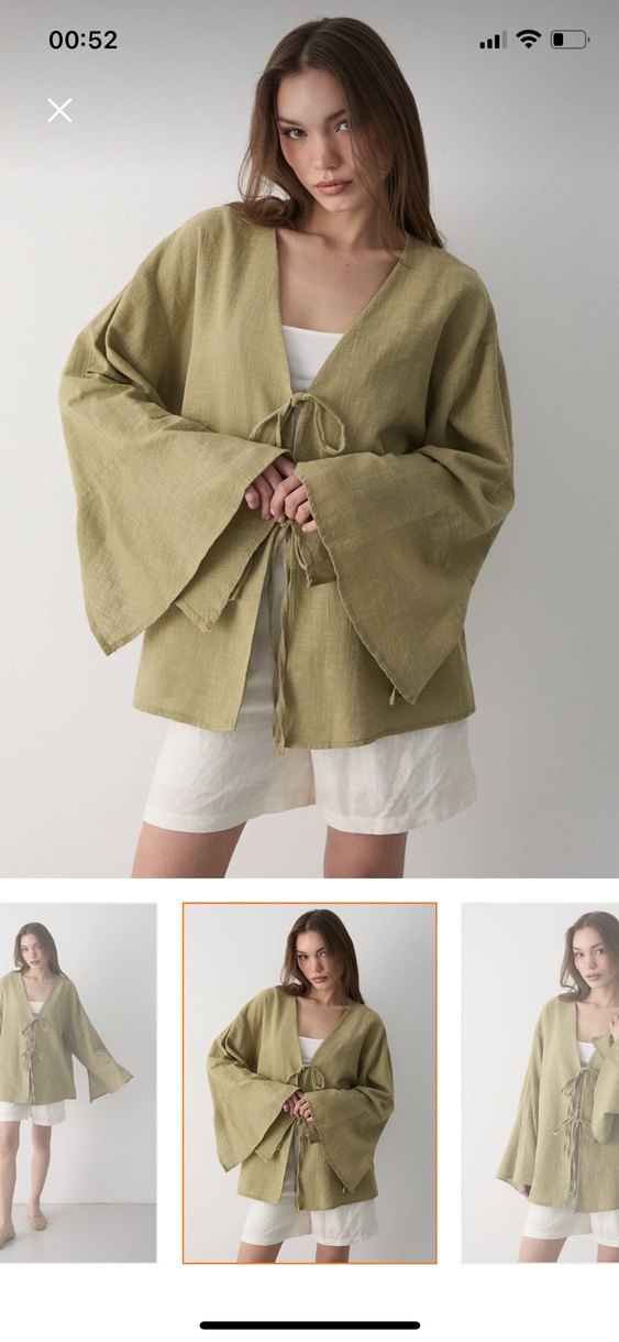 Kadın haki çift bağlama keten kimono - Görsel 3