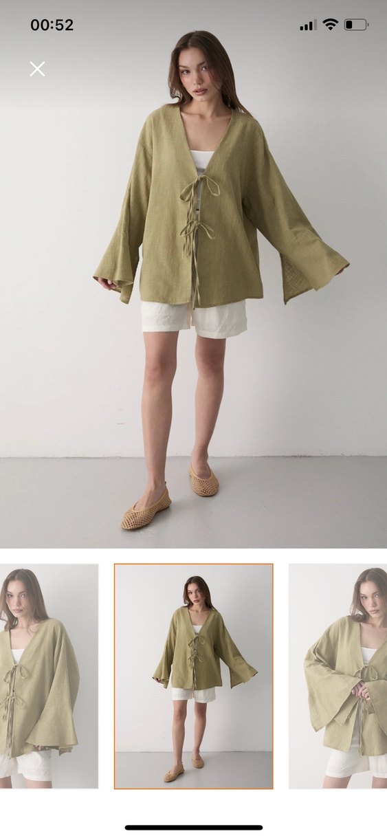Kadın haki çift bağlama keten kimono - Görsel 2