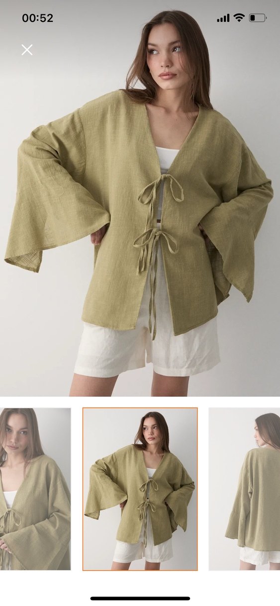 Kadın haki çift bağlama keten kimono - Görsel 4