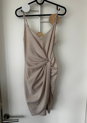 Bej Drapeli Midi H&M Elbise - Görsel 2