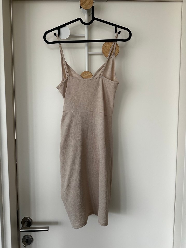 Bej Drapeli Midi H&M Elbise - Görsel 3