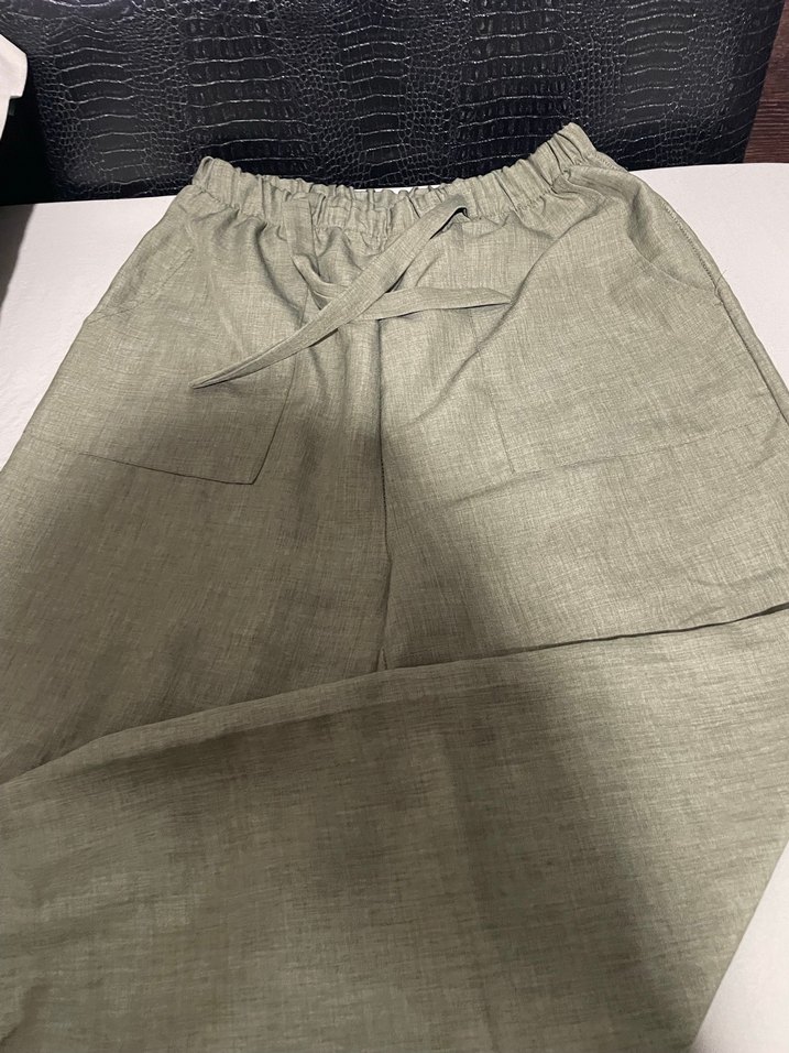 Haki Kemerli Keten Kadın Pantolon - Görsel 2