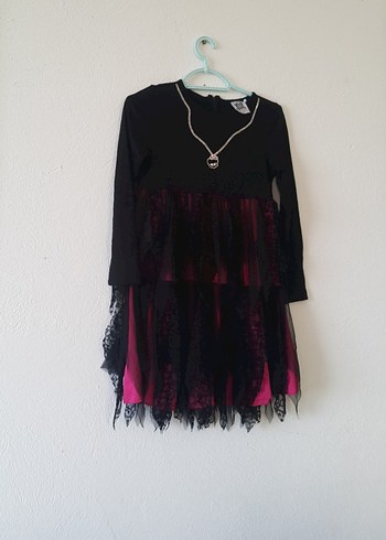 Kız Çocuk Siyah-Pembe Dantelli Gotik Elbise - Görsel 2