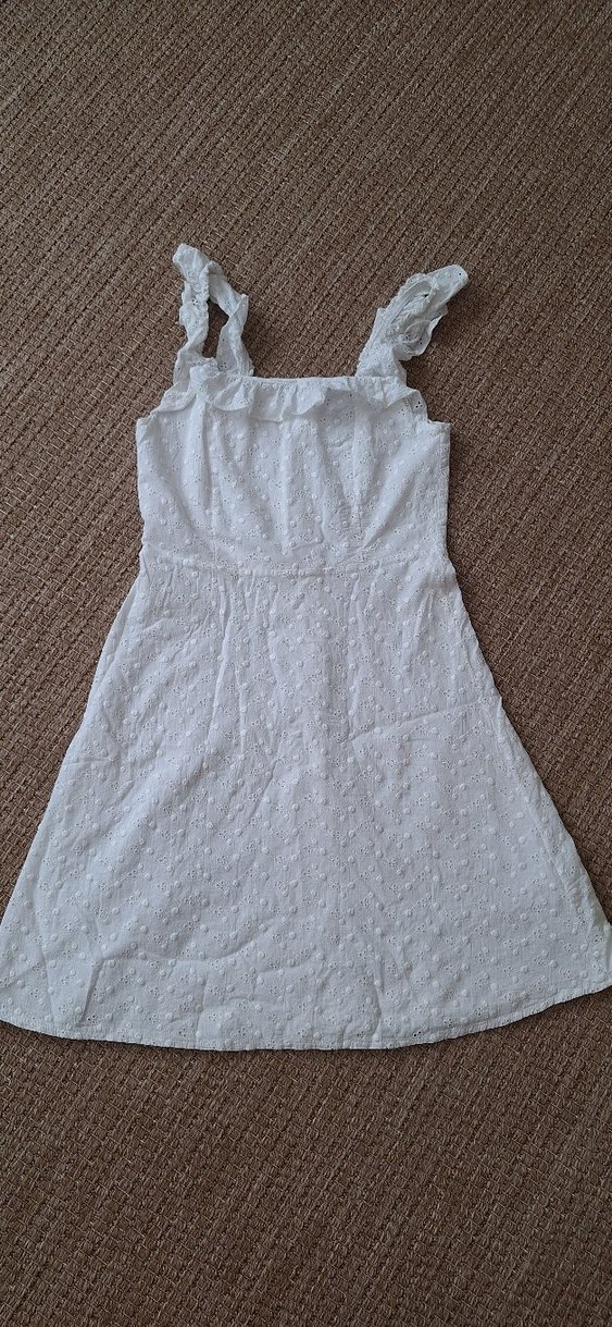 Nakışlı Beyaz Keten Fırfırlı Bohem Elbise - Görsel 2