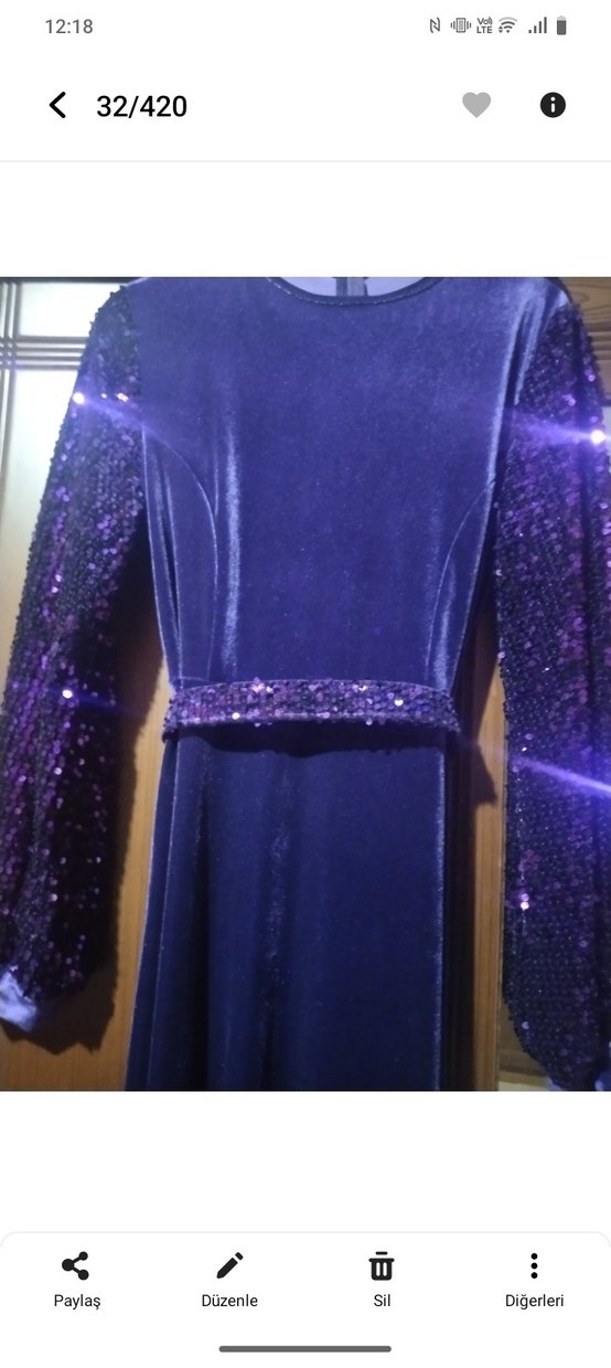 Uzun Kollu Mor Kadın Abiye Elbise - Görsel 2