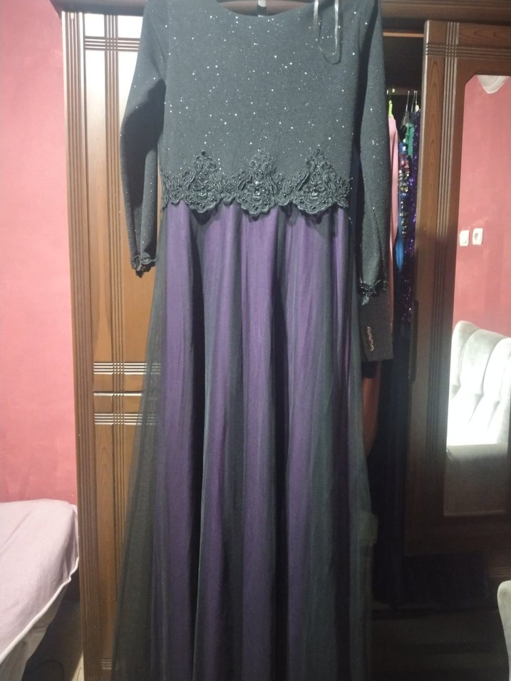 Uzun Kollu Mor Gotik Kadın Elbise - Görsel 2