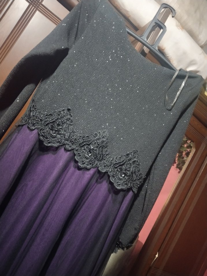 Uzun Kollu Mor Gotik Kadın Elbise - Görsel 3