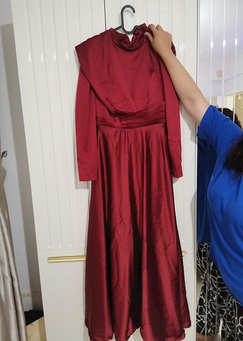 Bordo Drapeli Uzun Kollu Saten Elbise