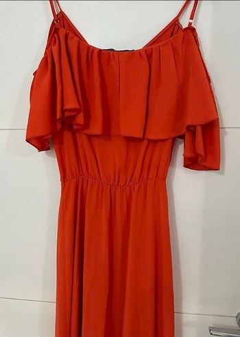 Kırmızı Volanlı Uzun Askılı Elbise - Görsel 3