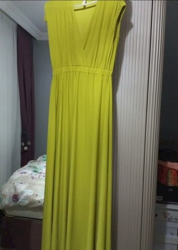 Sarı V Yakalı Uzun Bohem Elbise - Görsel 2