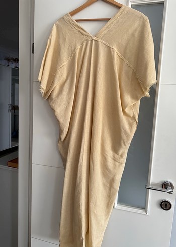 Bej V Yaka Salaş Keten Uzun Elbise - Görsel 2
