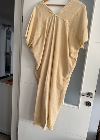 Bej V Yaka Salaş Keten Uzun Elbise - Görsel 3