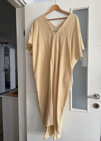 Bej V Yaka Salaş Keten Uzun Elbise - Görsel 4