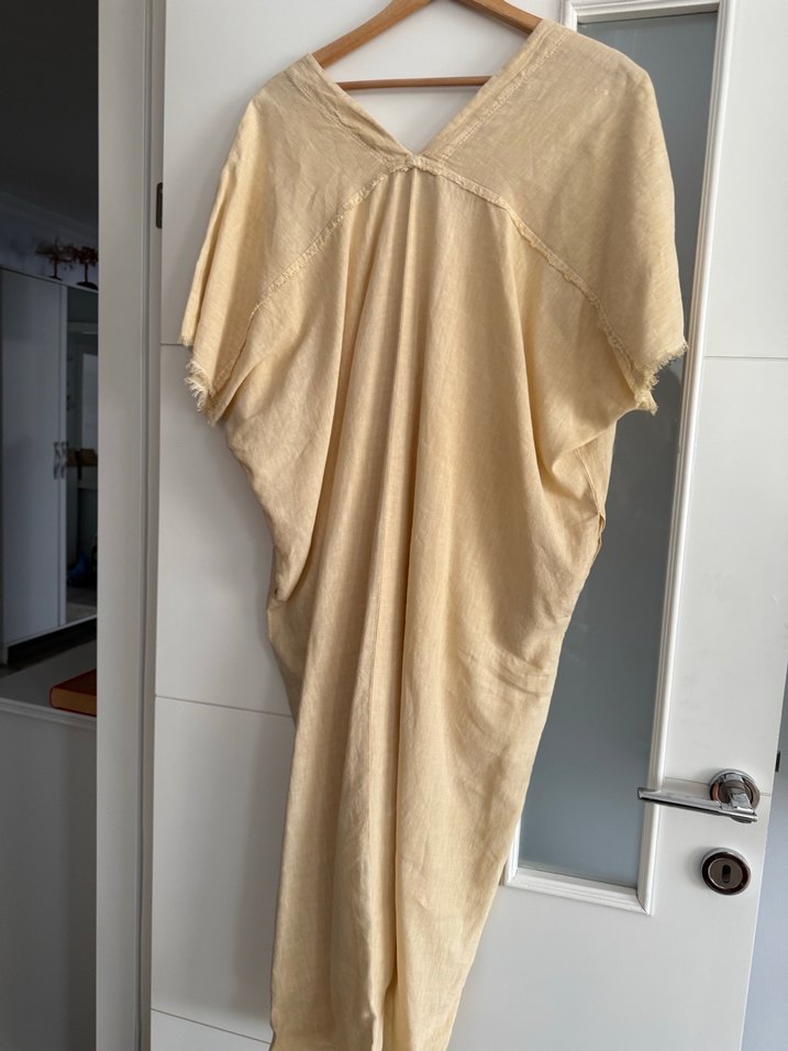 Bej V Yaka Salaş Keten Uzun Elbise - Görsel 2