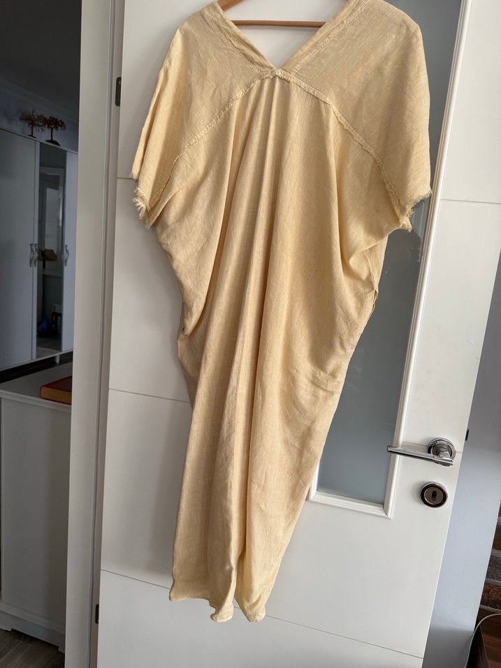 Bej V Yaka Salaş Keten Uzun Elbise - Görsel 3