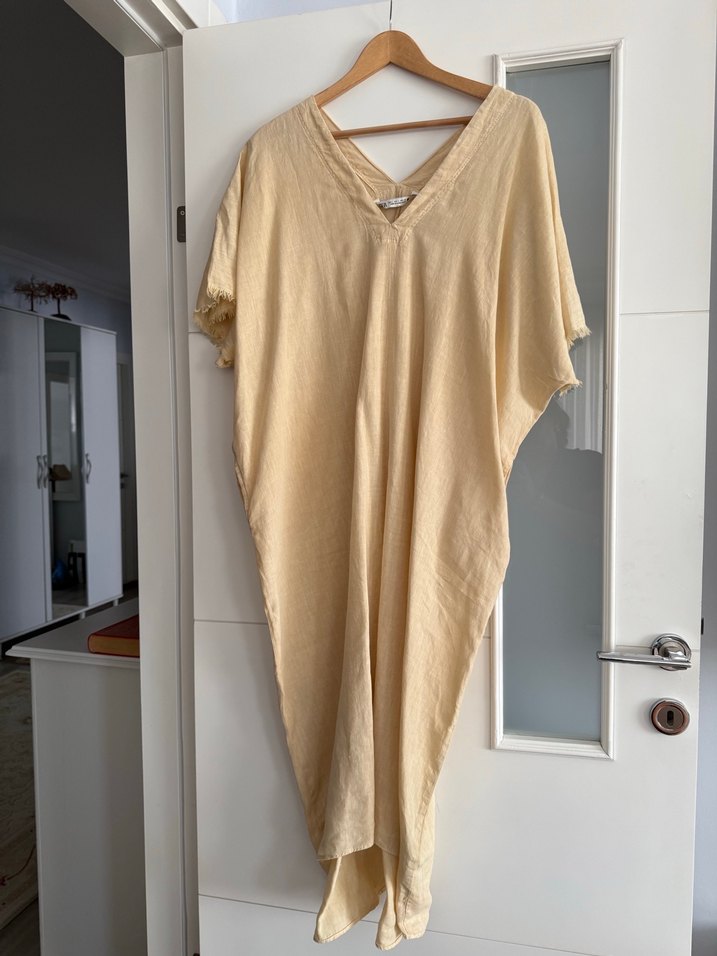 Bej V Yaka Salaş Keten Uzun Elbise - Görsel 4