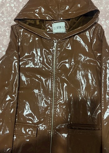 Kahverengi Parlak Deri Kadın Ceket Kapüşonlu - Görsel 5