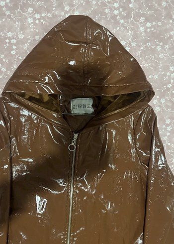 Kahverengi Parlak Deri Kadın Ceket Kapüşonlu - Görsel 2