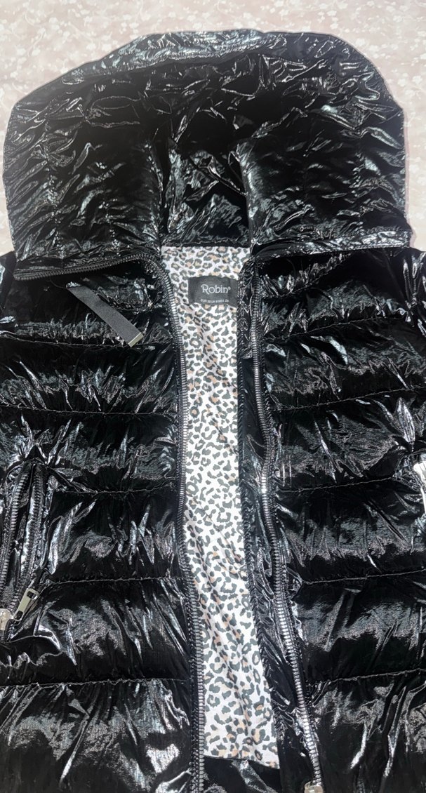 Fermuarlı Siyah leopar  Baskılı ,siyah parlak kadın montu - Görsel 5