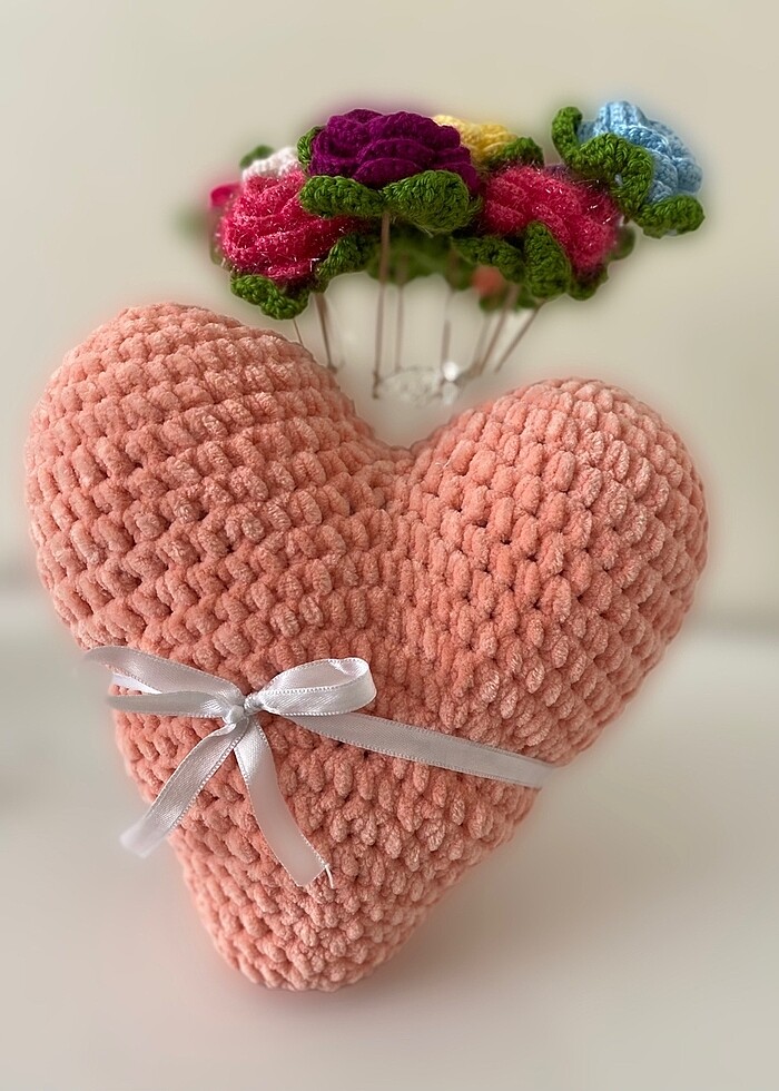 KADİFE İP,KÜÇÜK BOY KALPLİ YASTIK - Görsel 2