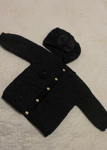 Kız Çocuk Siyah Triko Hırka ve Bere Takımı - Görsel 2