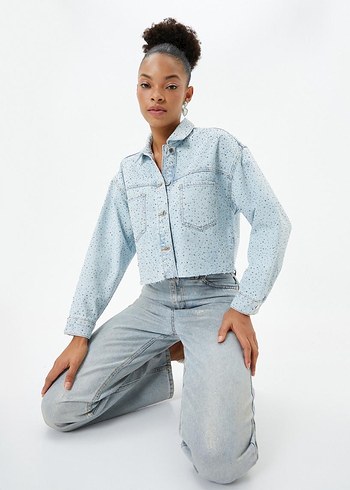Kadın Açık Mavi Bağlama Desenli Denim Ceket