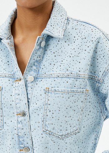 m Beden mavi Renk Kadın Açık Mavi Bağlama Desenli Denim Ceket