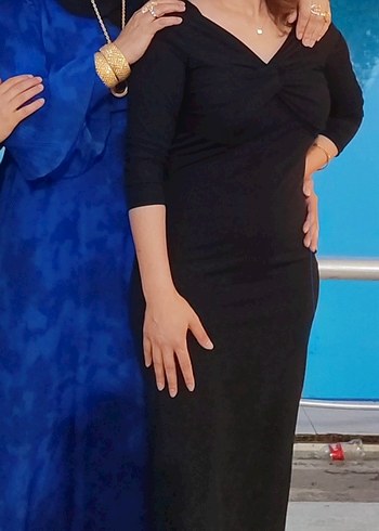 Drapeli Siyah Midi Elbise - Görsel 2